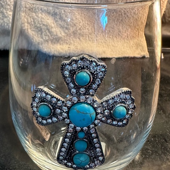 Queens’ Jewels Turquoise Cross Cowboy Boot Jeweled Stemless & Stemmed glasses - Picture 2 of 11